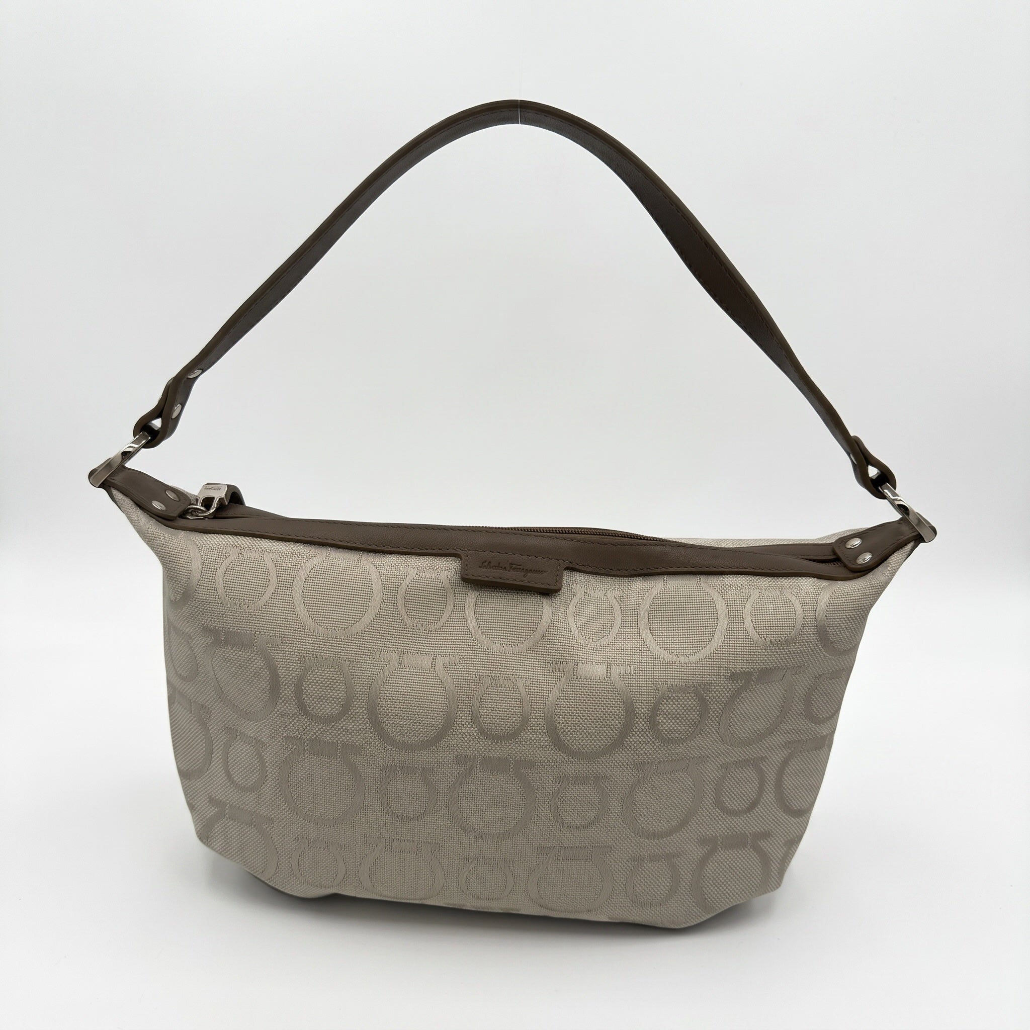 Salvatore Ferragamo Gancini Canvas Shoulder Bag – Grey & Brown Jacquard