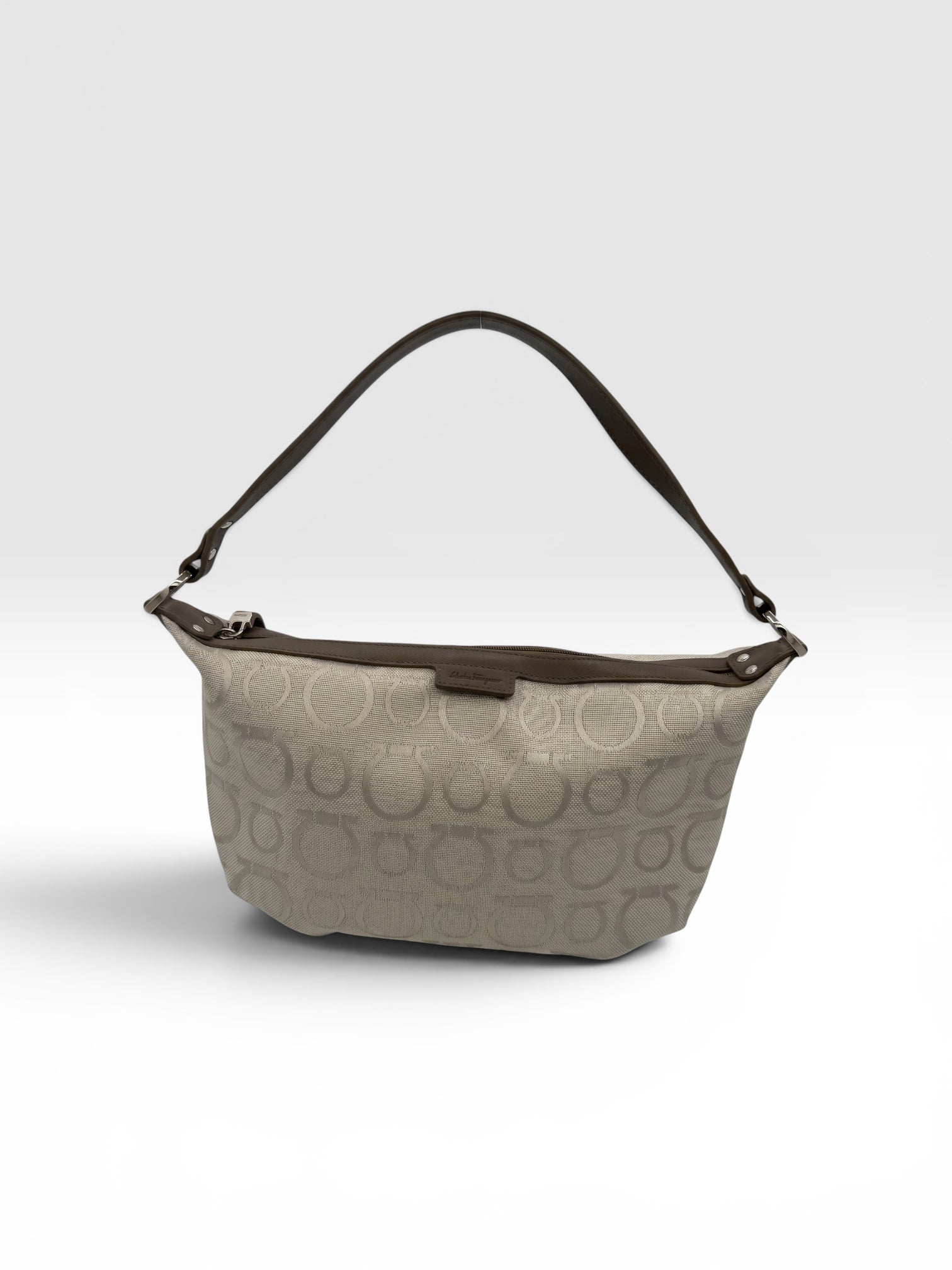 Salvatore Ferragamo Gancini Canvas Shoulder Bag – Grey & Brown Jacquard