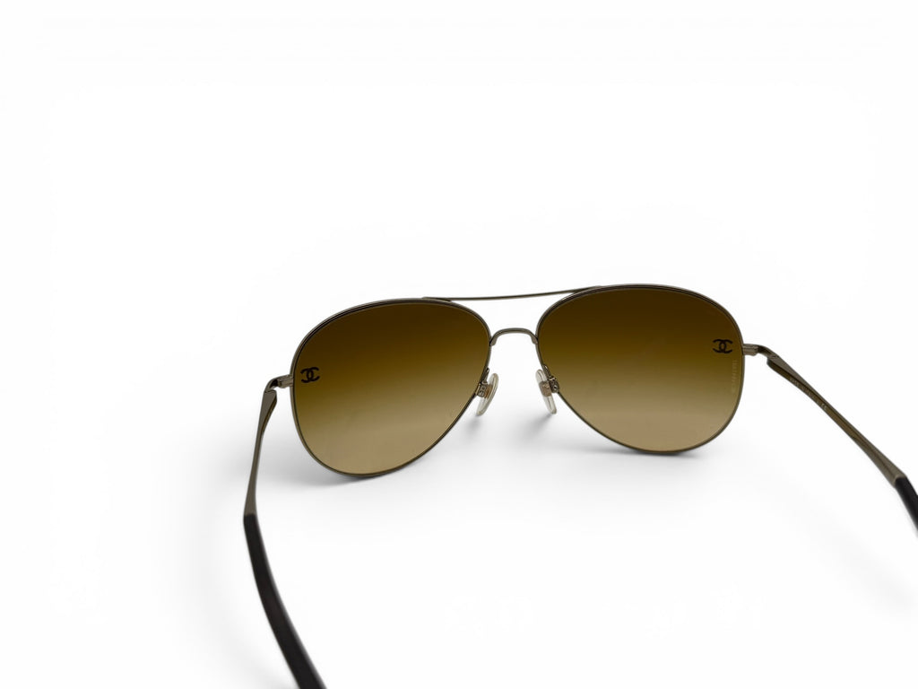 CHANEL Gold Aviator Sunglasses Brown Gradient Lense w/ Case & Booklet
