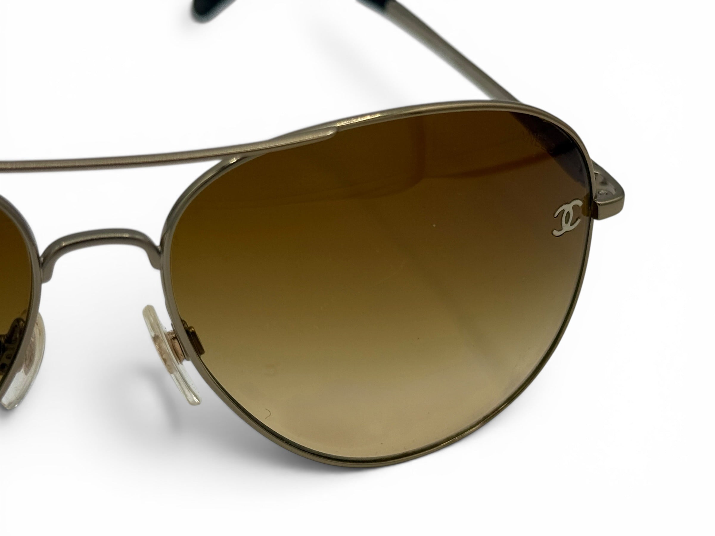 CHANEL Gold Aviator Sunglasses Brown Gradient Lense w/ Case & Booklet