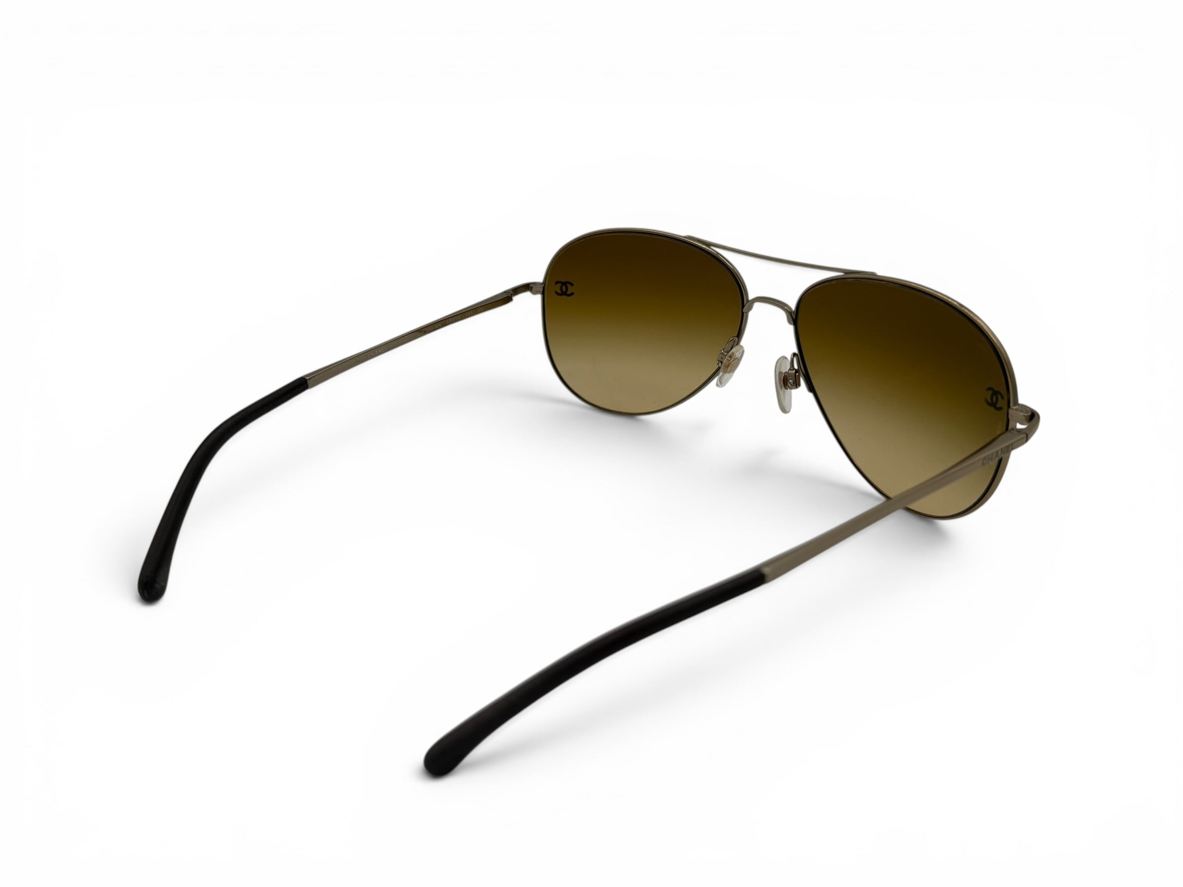 CHANEL Gold Aviator Sunglasses Brown Gradient Lense w/ Case & Booklet