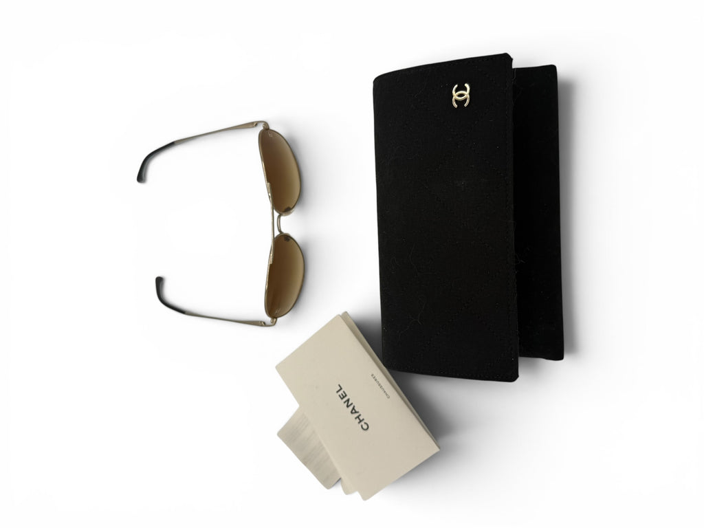 CHANEL Gold Aviator Sunglasses Brown Gradient Lense w/ Case & Booklet