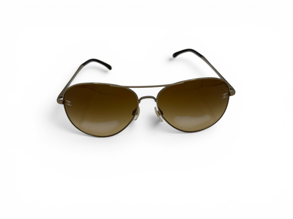 CHANEL Gold Aviator Sunglasses Brown Gradient Lense w/ Case & Booklet