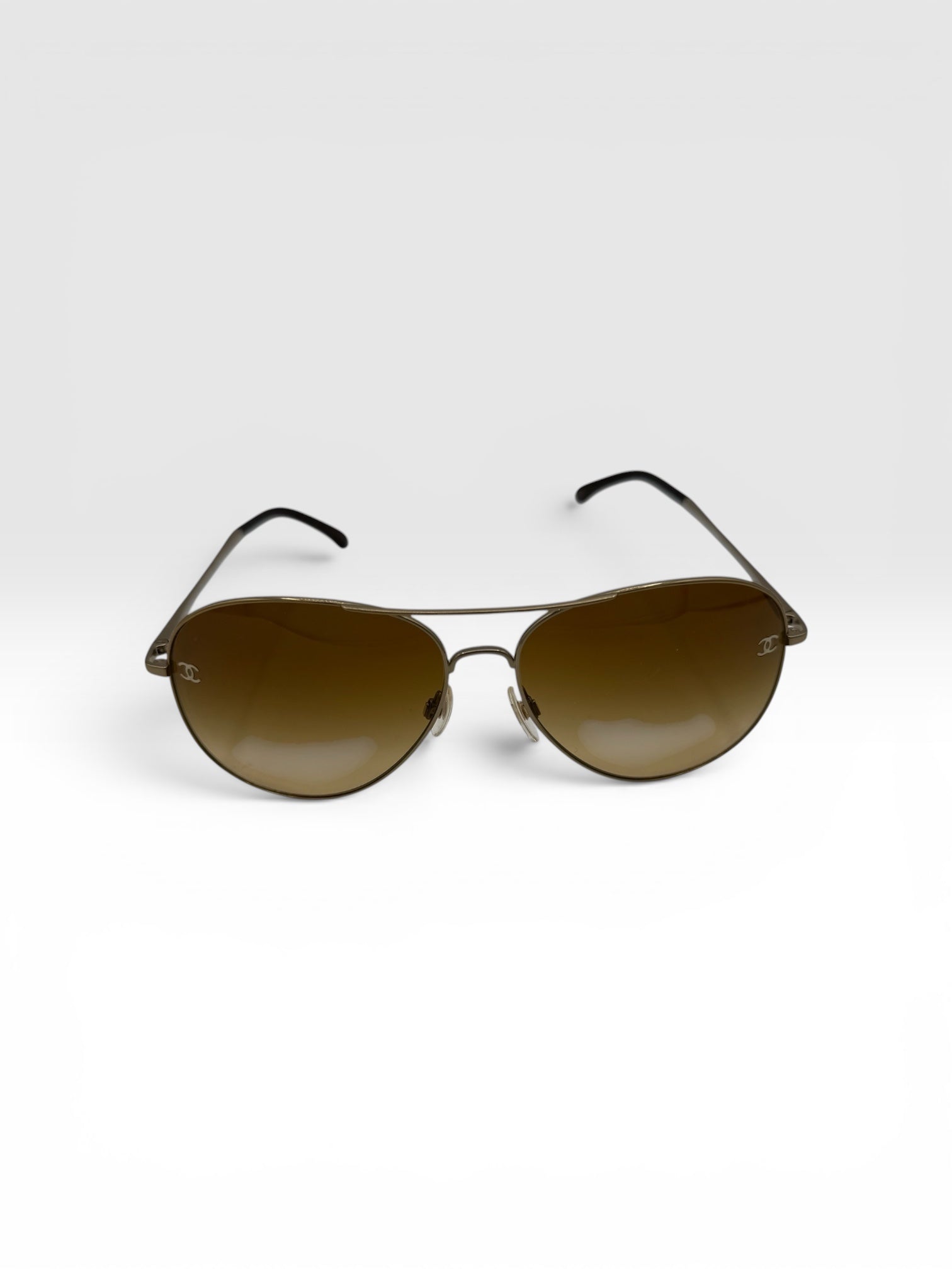 CHANEL Gold Aviator Sunglasses Brown Gradient Lense w/ Case & Booklet