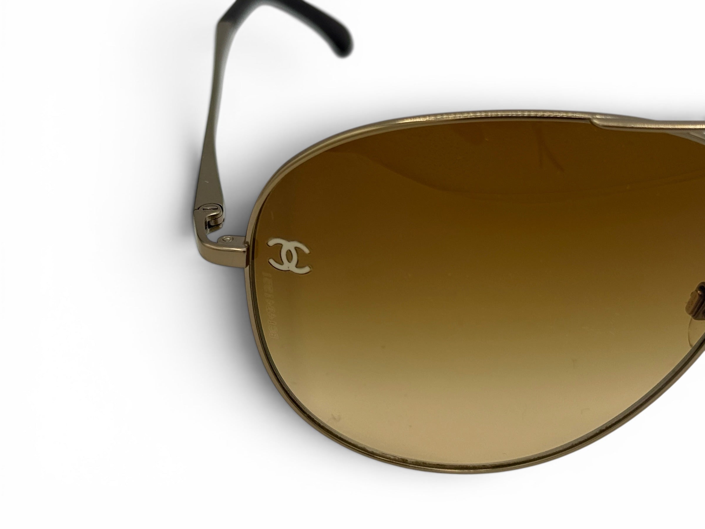 CHANEL Gold Aviator Sunglasses Brown Gradient Lense w/ Case & Booklet