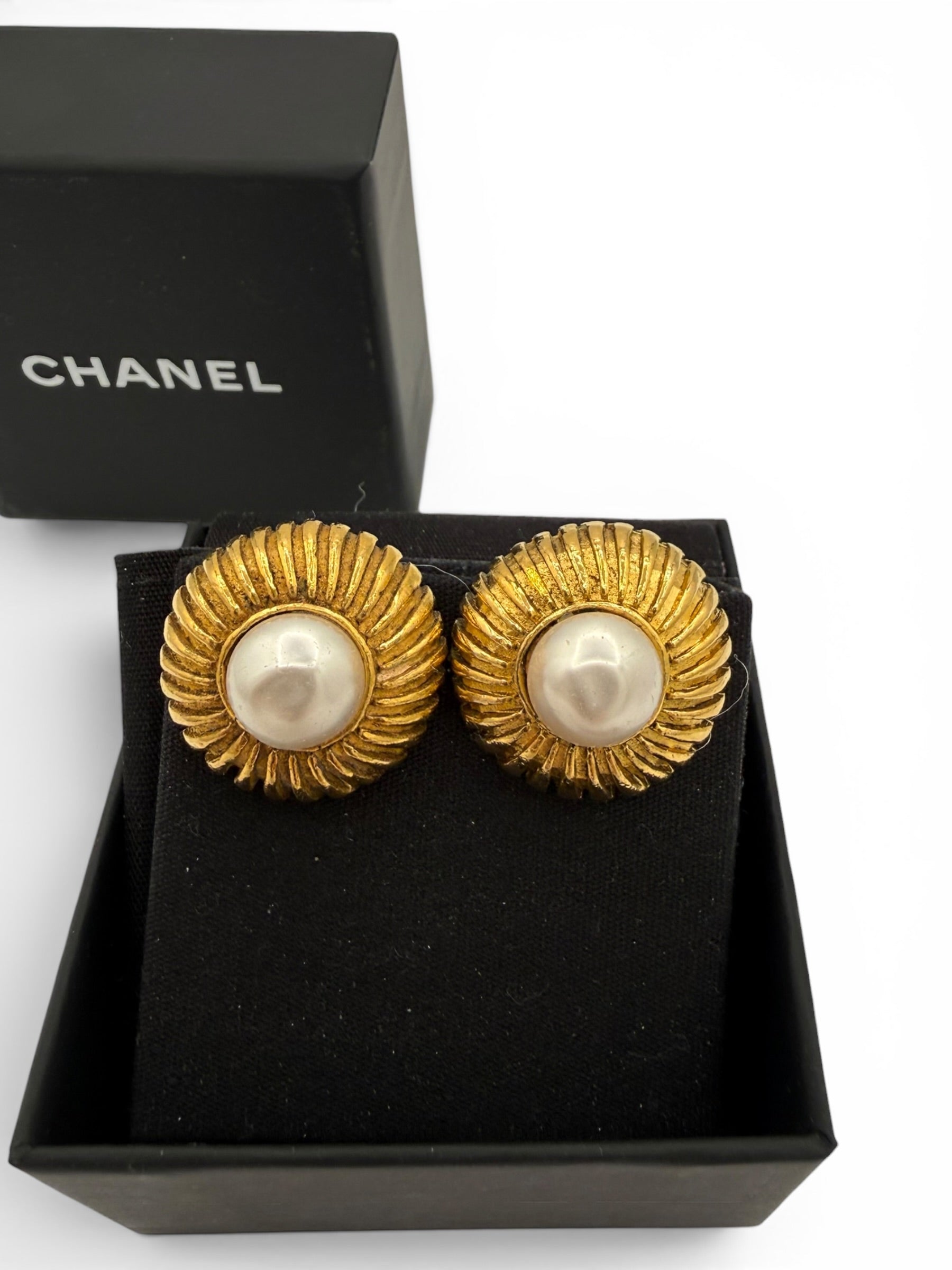 Chanel Vintage Gold Sunburst Faux Pearl Clip-On Earrings 1980s