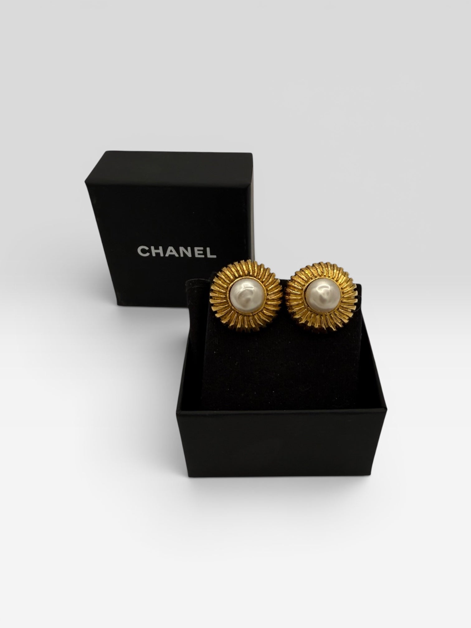 Chanel Vintage Gold Sunburst Faux Pearl Clip-On Earrings 1980s
