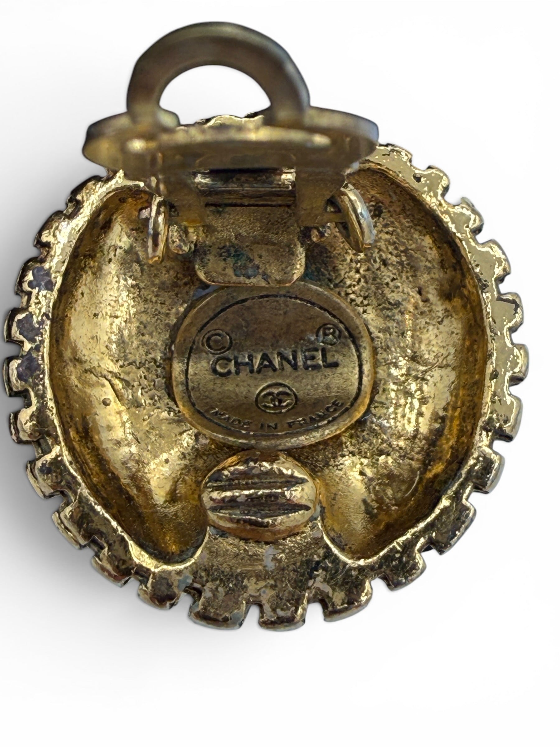 Chanel Vintage Gold Sunburst Faux Pearl Clip-On Earrings 1980s
