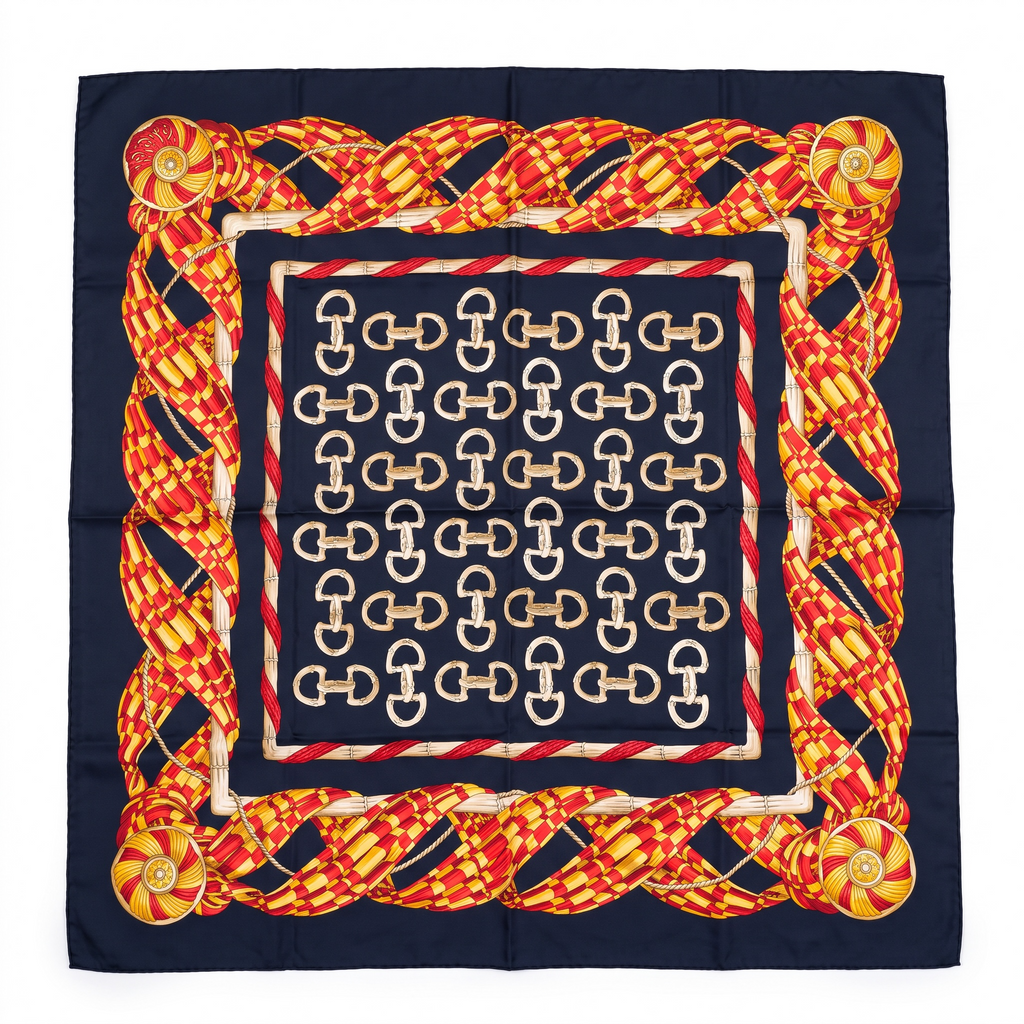 Gucci Vintage Horsebit Silk Scarf | Navy Red Gold Equestrian Print | 33 x 32 in