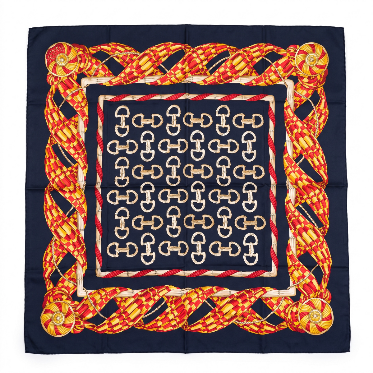 Gucci Vintage Horsebit Silk Scarf | Navy Red Gold Equestrian Print | 33 x 32 in