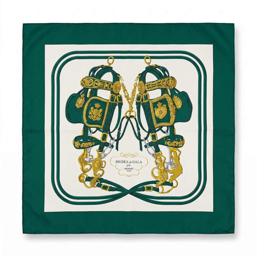 Hermès Brides de Gala Carré 90 Silk Scarf | Green Ivory Gold | COA