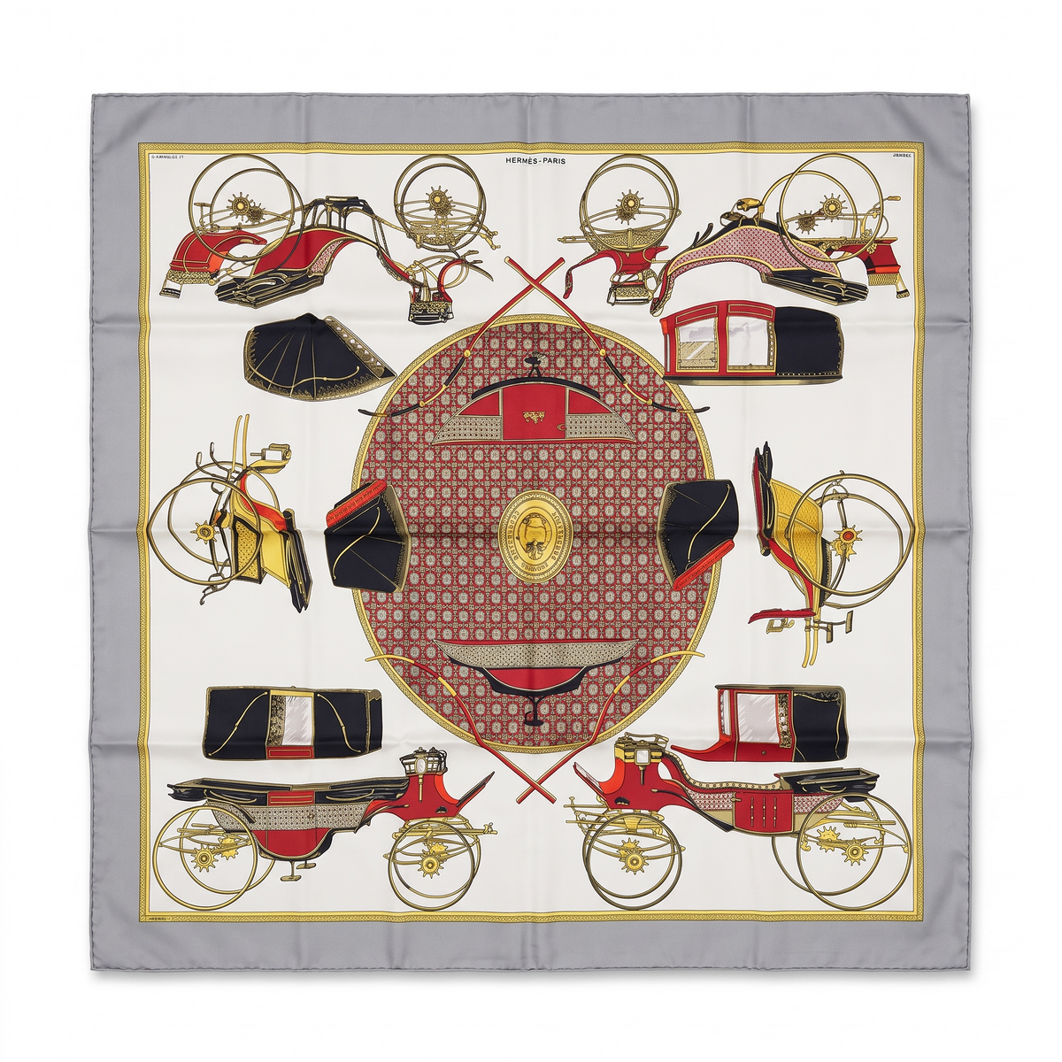Hermès Les Voitures à Transformation Carré 90 Silk Scarf | Grey Red Gold | Box Included