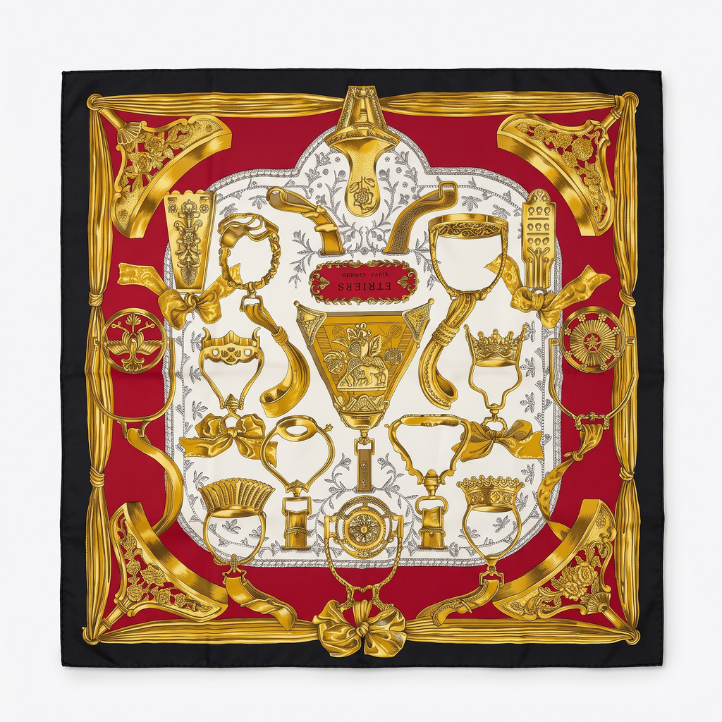 Hermès Étriers 90 Silk Scarf | Red Black Gold Equestrian Print | 34 x 34 in