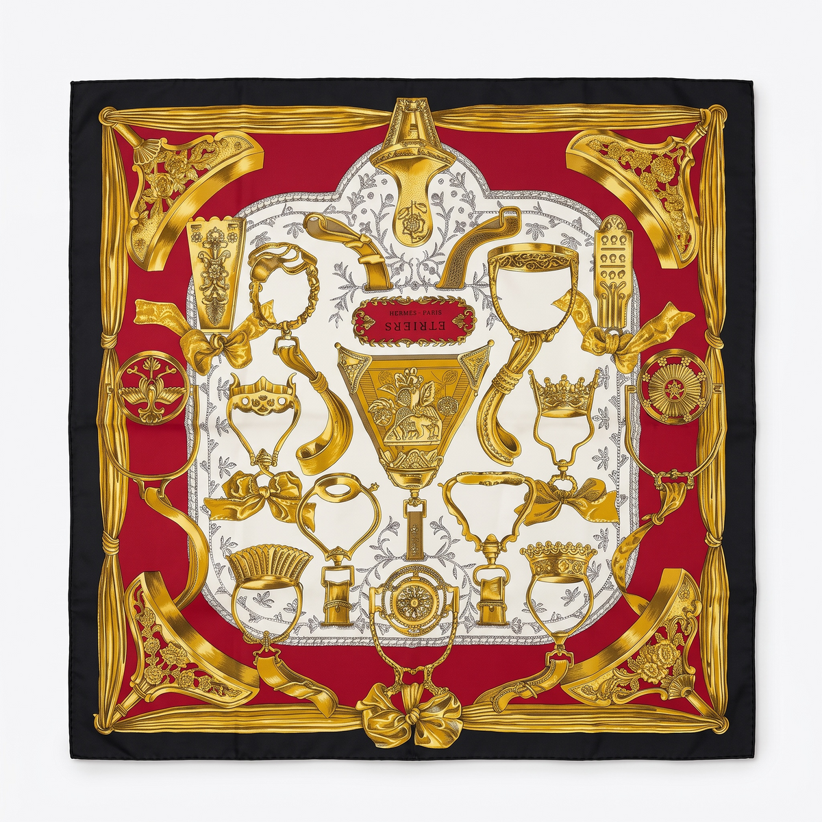Hermès Étriers 90 Silk Scarf | Red Black Gold Equestrian Print | 34 x 34 in