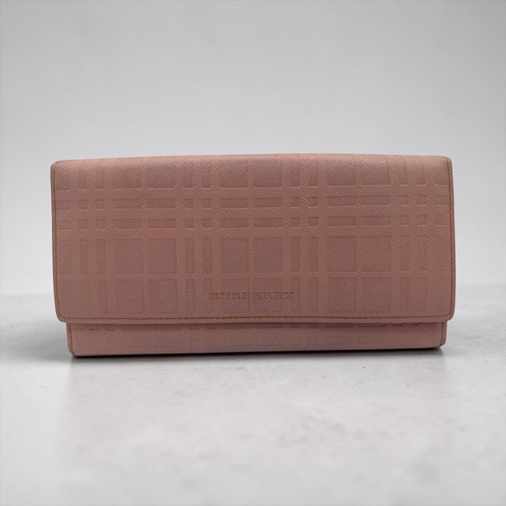 Burberry Highlands Continental Wallet Dusty Pink Embossed Check Leather Long Wallet