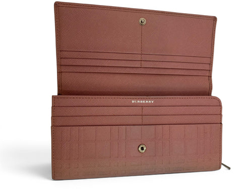 Burberry Highlands Continental Wallet Dusty Pink Embossed Check Leather Long Wallet