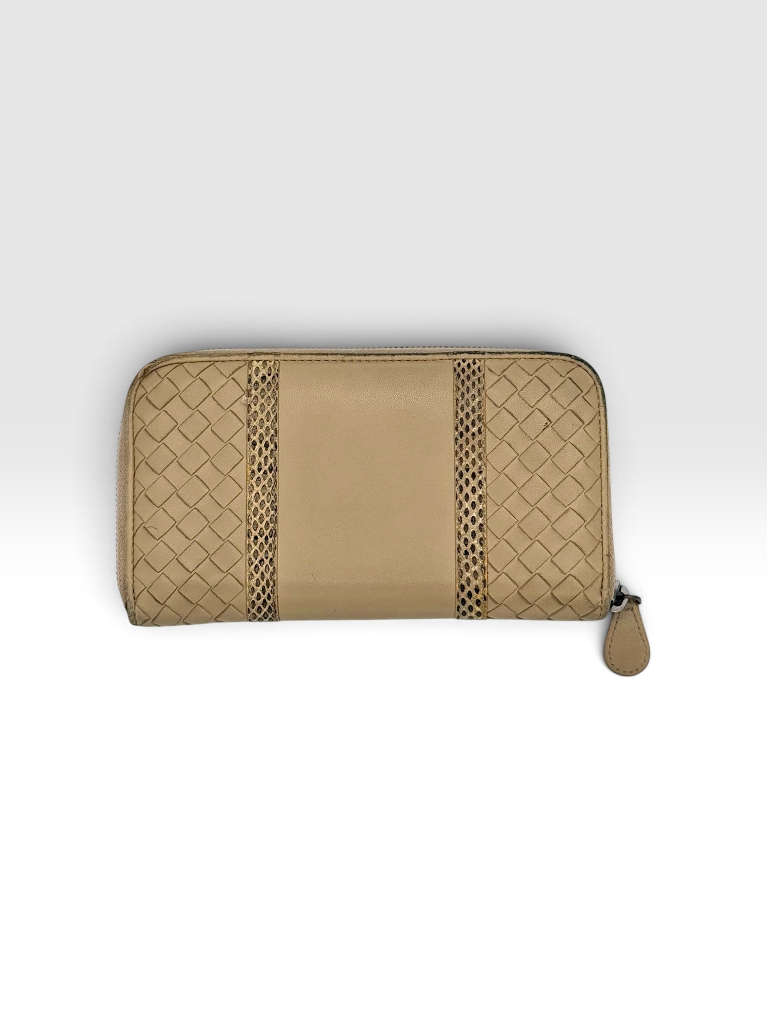 Bottega Veneta Intrecciato Zip Around Wallet In Beige Nappa Leather With Python Trim