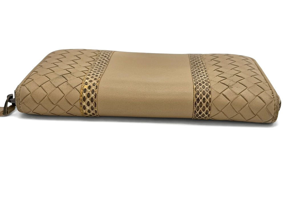 Bottega Veneta Intrecciato Zip Around Wallet In Beige Nappa Leather With Python Trim