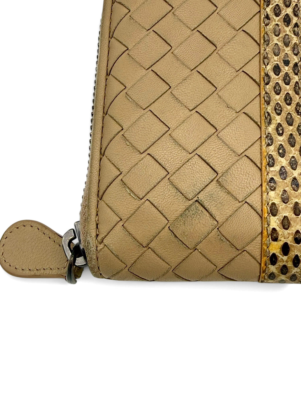 Bottega Veneta Intrecciato Zip Around Wallet In Beige Nappa Leather With Python Trim