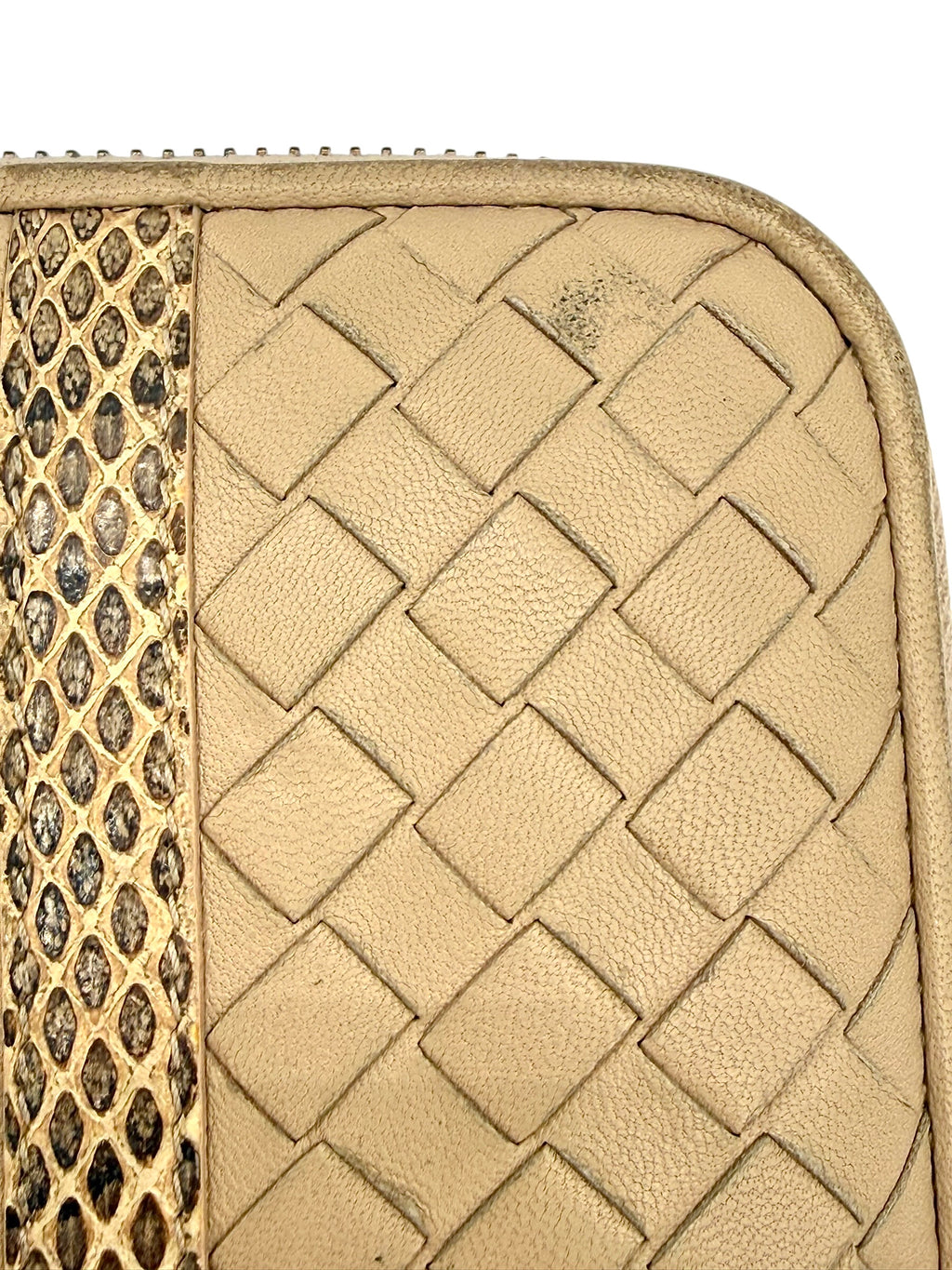 Bottega Veneta Intrecciato Zip Around Wallet In Beige Nappa Leather With Python Trim