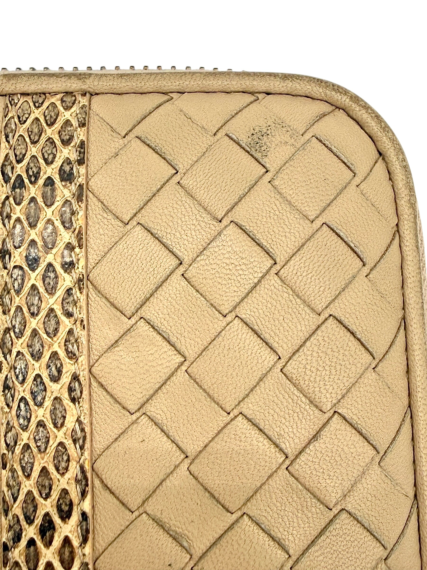 Bottega Veneta Intrecciato Zip Around Wallet In Beige Nappa Leather With Python Trim