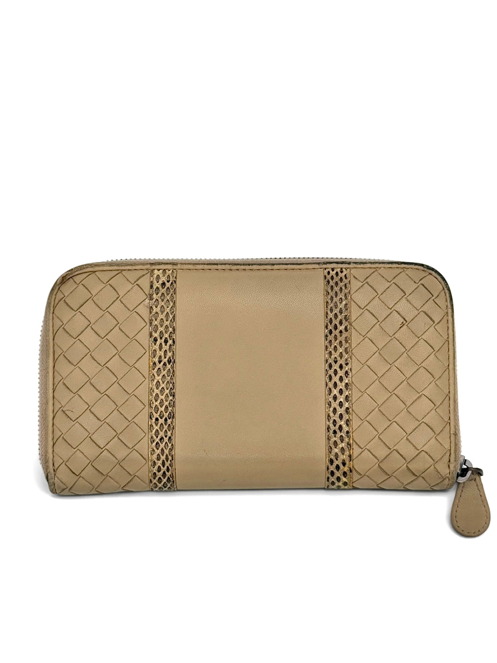 Bottega Veneta Intrecciato Zip Around Wallet In Beige Nappa Leather With Python Trim