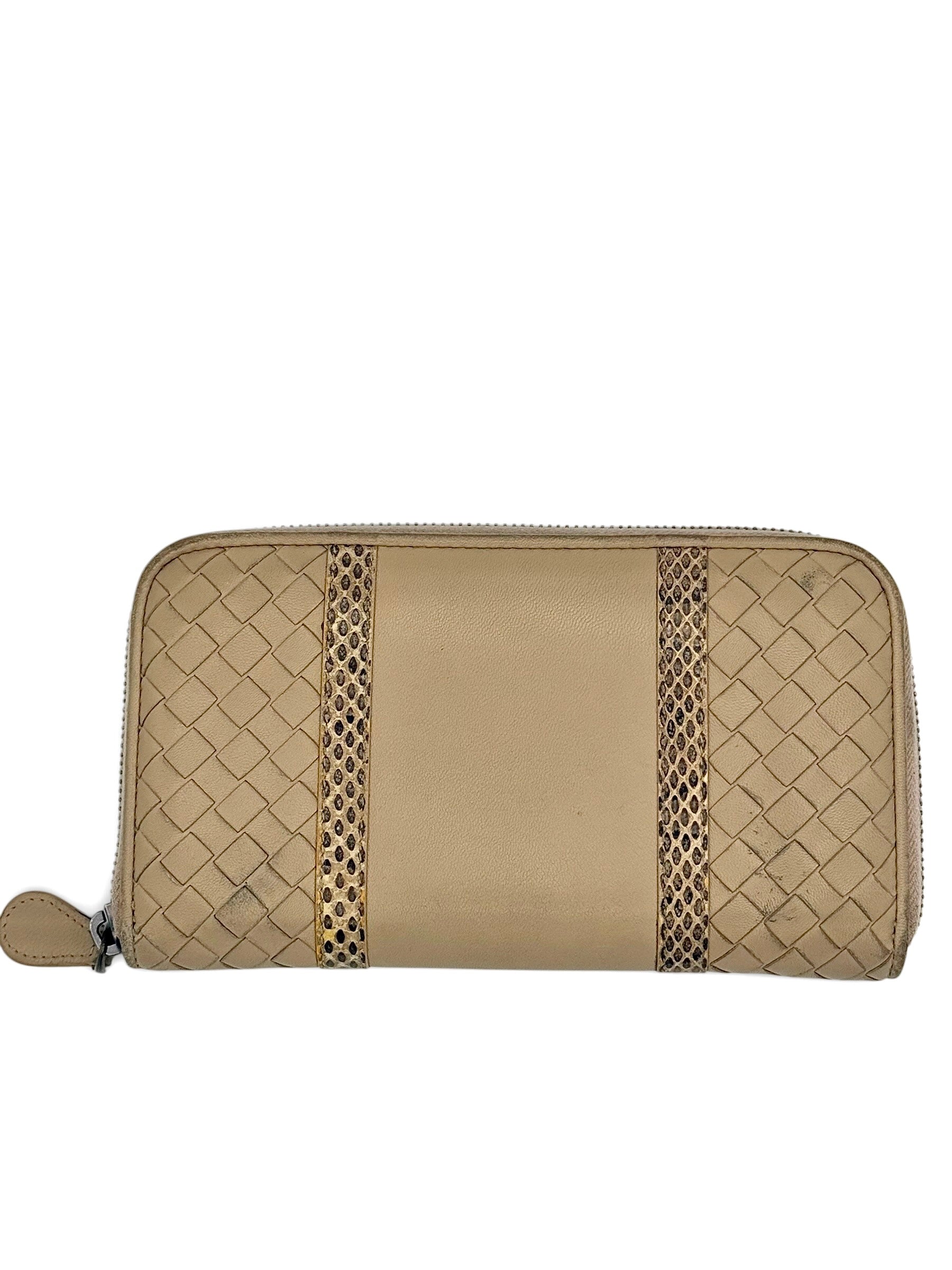 Bottega Veneta Intrecciato Zip Around Wallet In Beige Nappa Leather With Python Trim