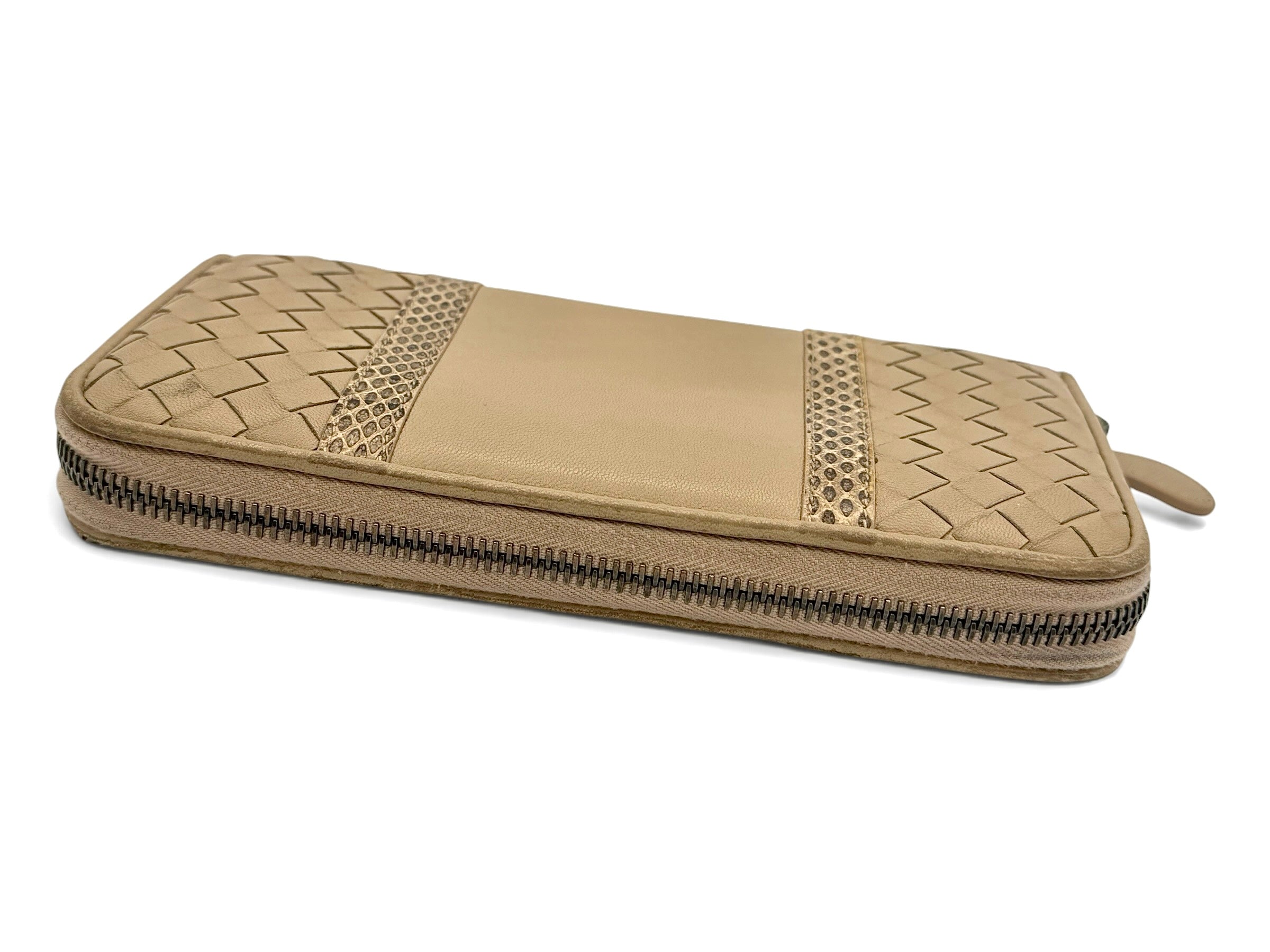 Bottega Veneta Intrecciato Zip Around Wallet In Beige Nappa Leather With Python Trim