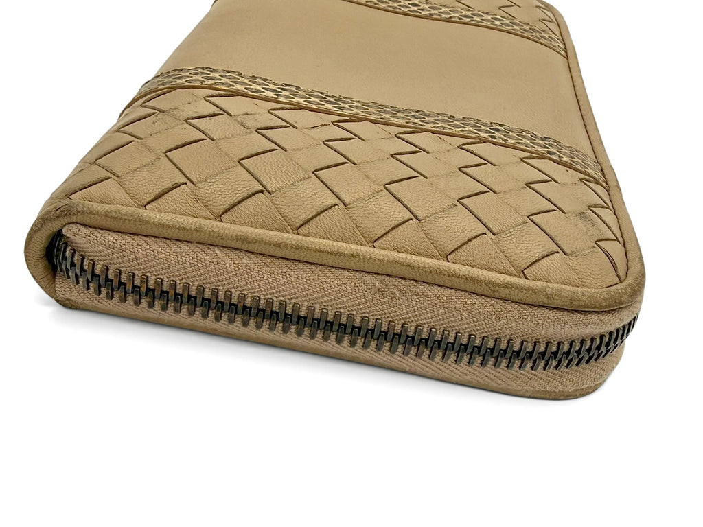 Bottega Veneta Intrecciato Zip Around Wallet In Beige Nappa Leather With Python Trim