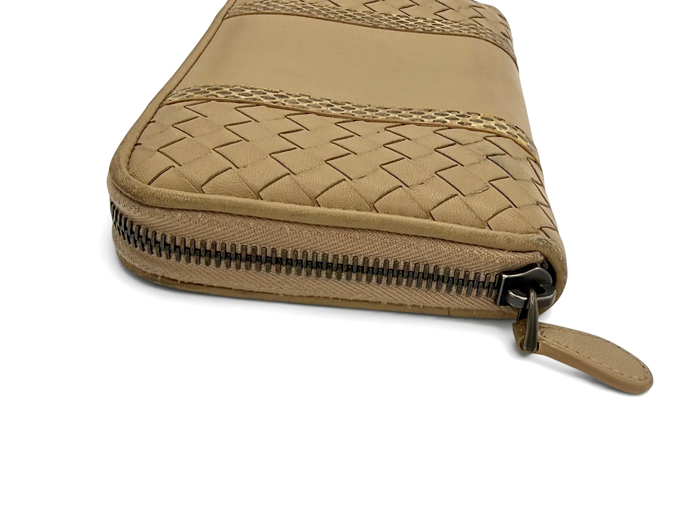 Bottega Veneta Intrecciato Zip Around Wallet In Beige Nappa Leather With Python Trim