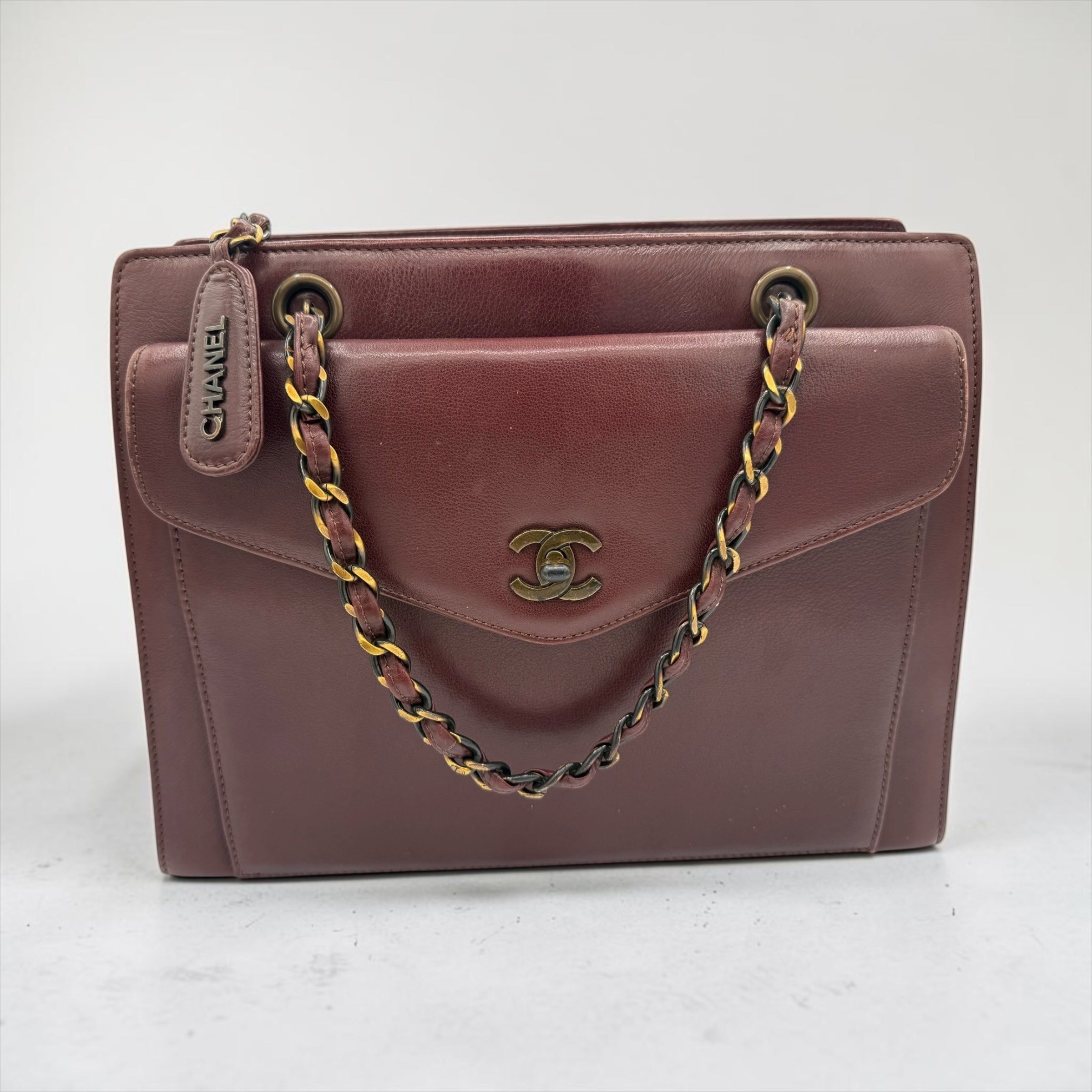 Vintage Chanel Burgundy Lambskin Chain Tote Bag Gold Hardware