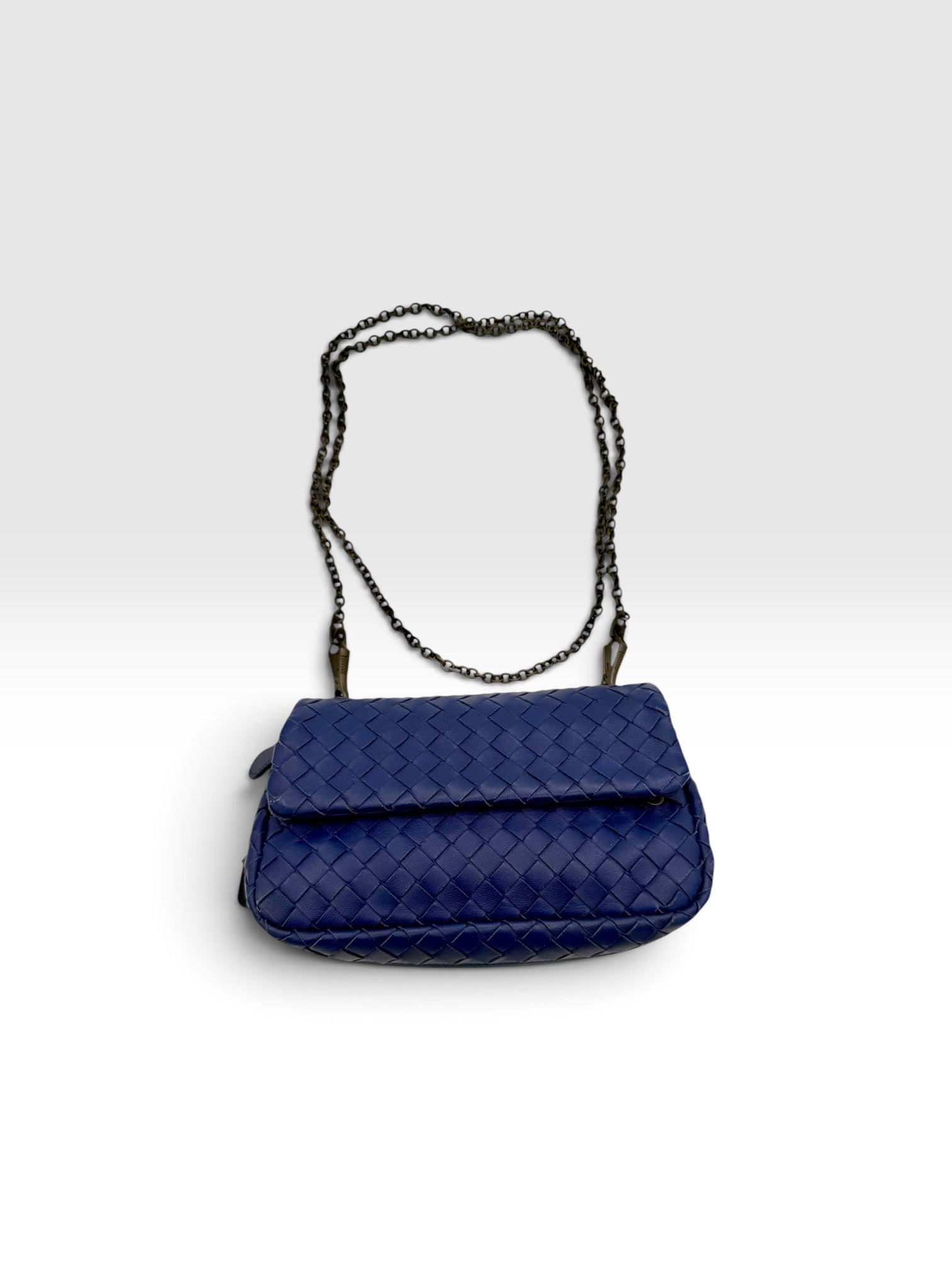 Bottega Veneta Olimpia Cobalt Blue Intrecciato Nappa Leather Chain Crossbody Bag