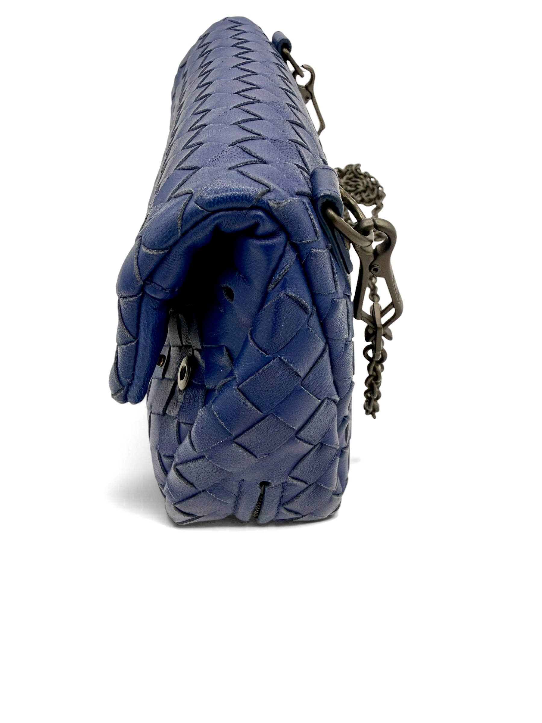 Bottega Veneta Olimpia Cobalt Blue Intrecciato Nappa Leather Chain Crossbody Bag