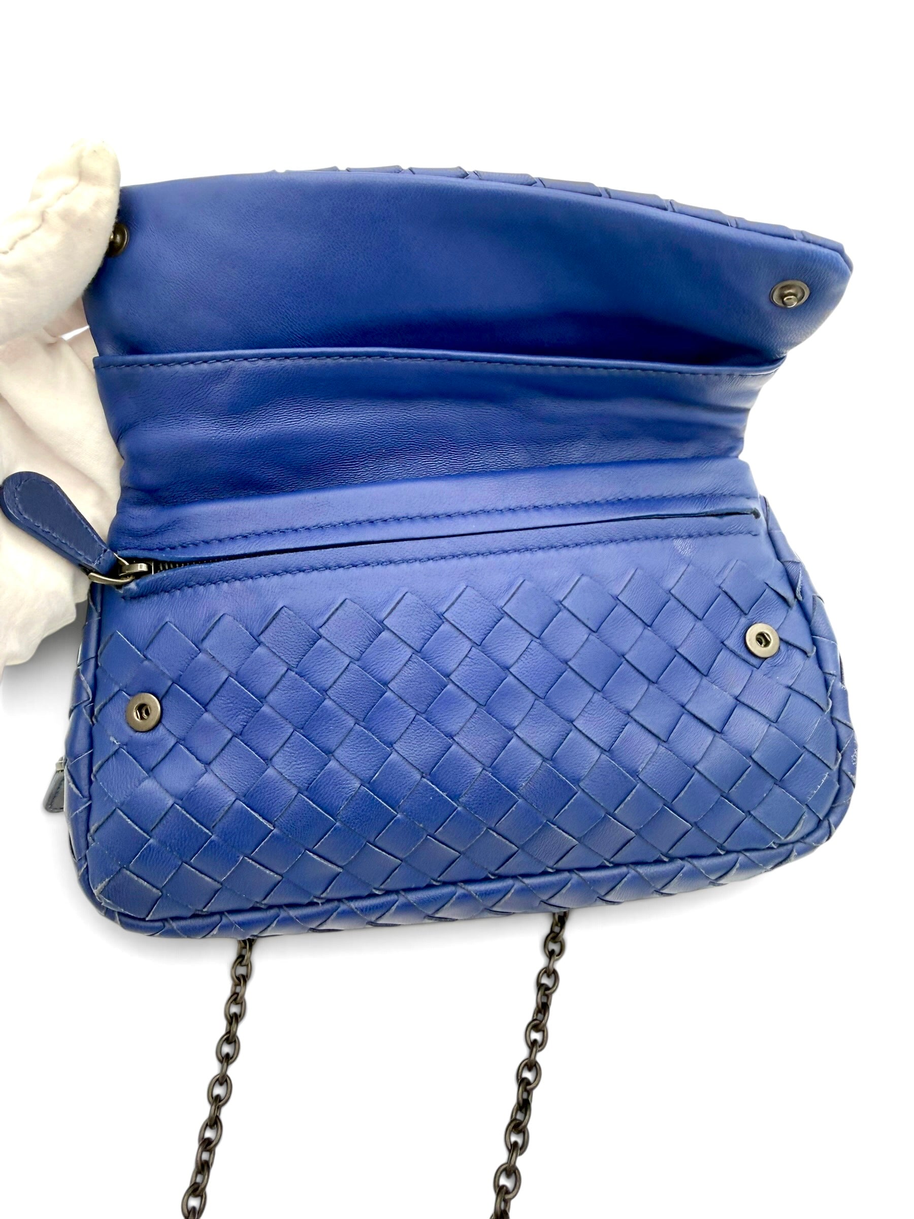 Bottega Veneta Olimpia Cobalt Blue Intrecciato Nappa Leather Chain Crossbody Bag