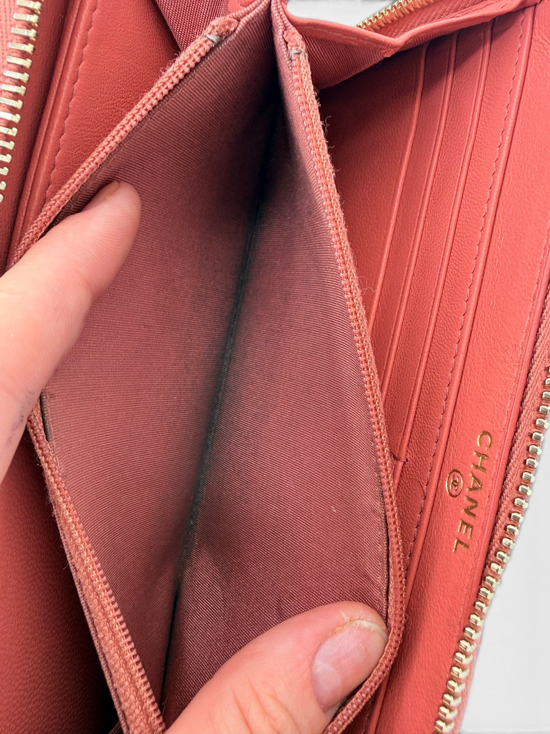 Chanel Vintage Coral Pink Quilted Lambskin Zip Around Wallet Gold Hardware