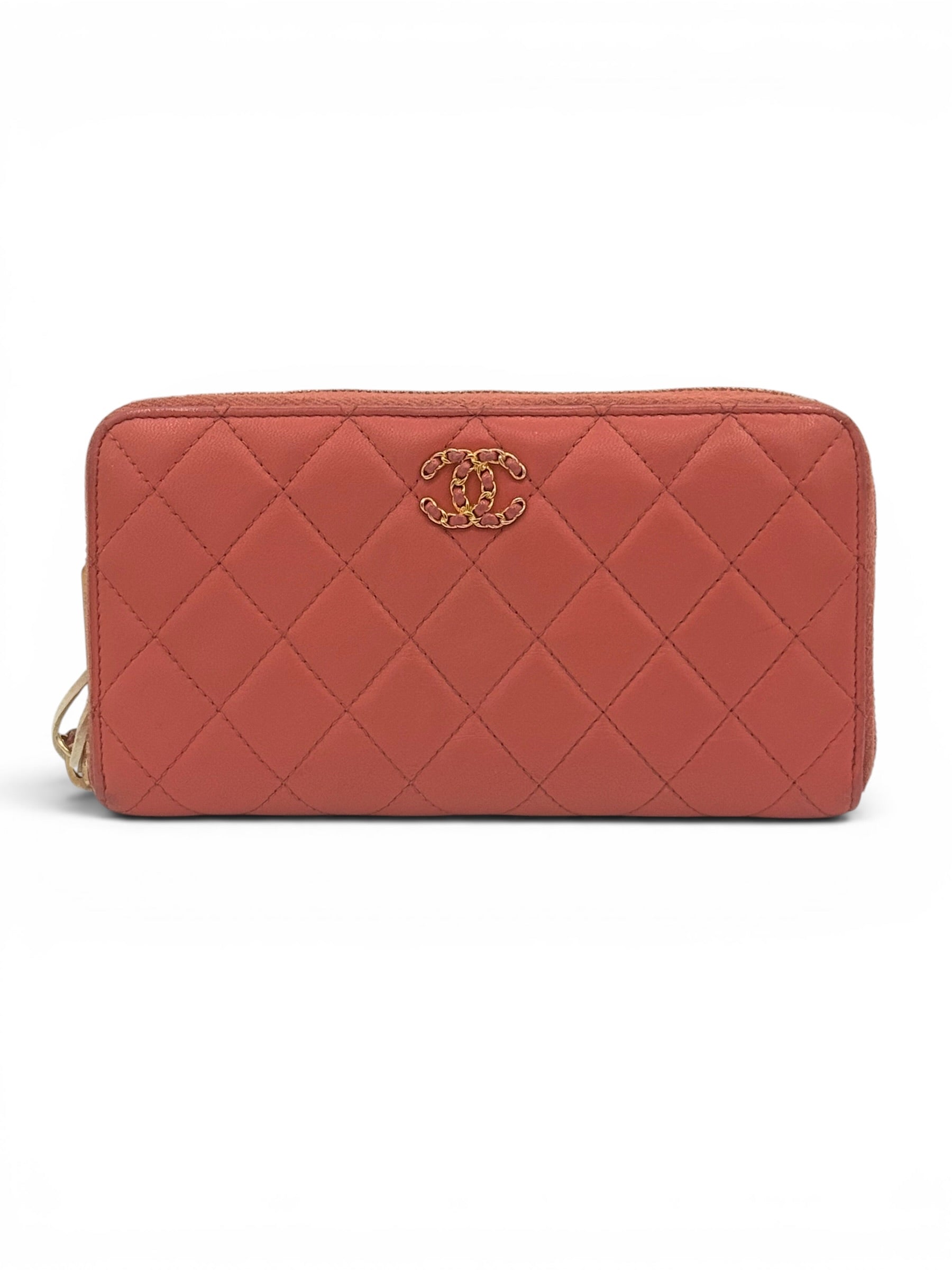 Chanel Vintage Coral Pink Quilted Lambskin Zip Around Wallet Gold Hardware
