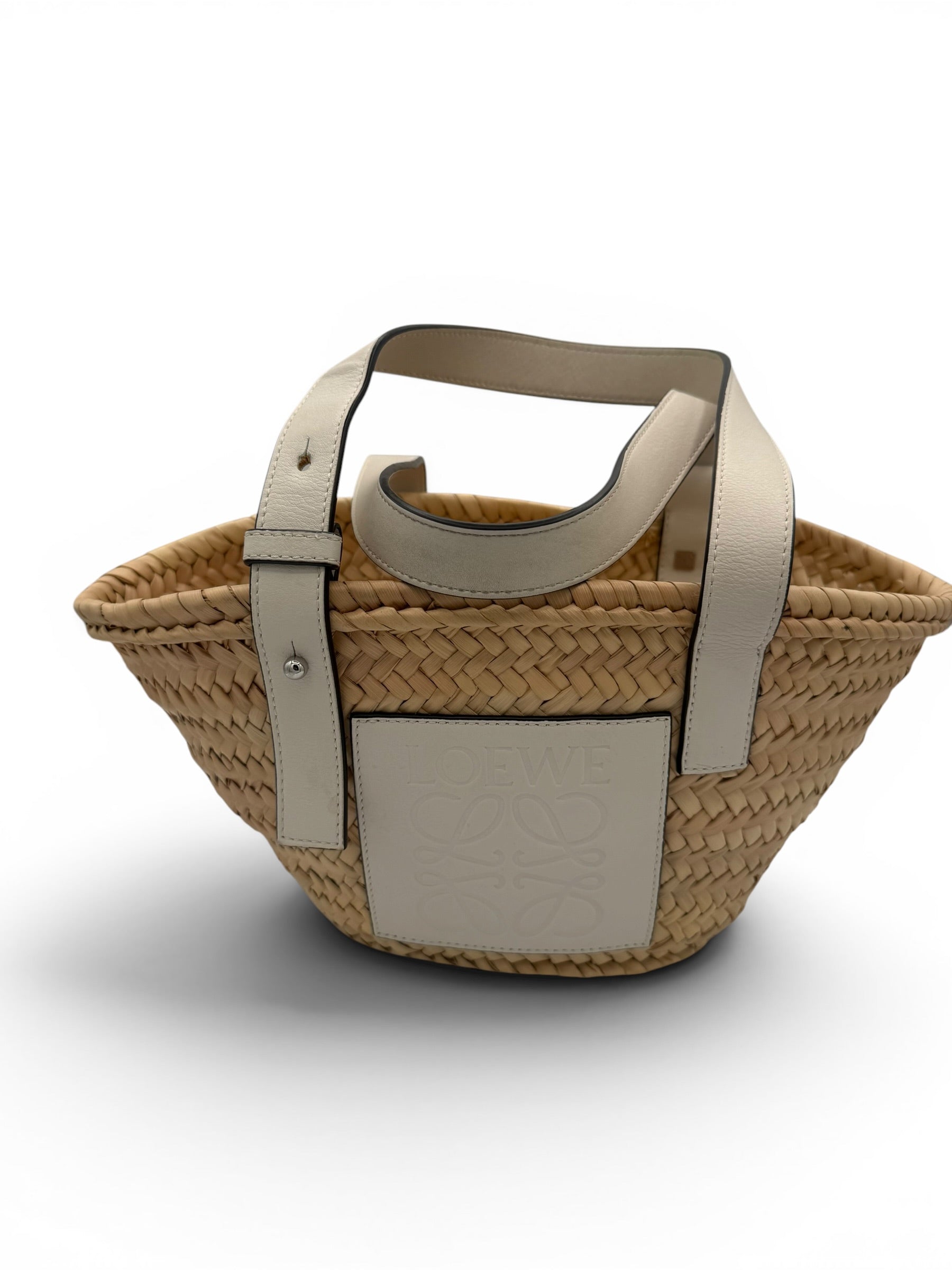 Loewe Paula's Ibiza Natural Palm Leaf Basket White Leather Anagram Tote