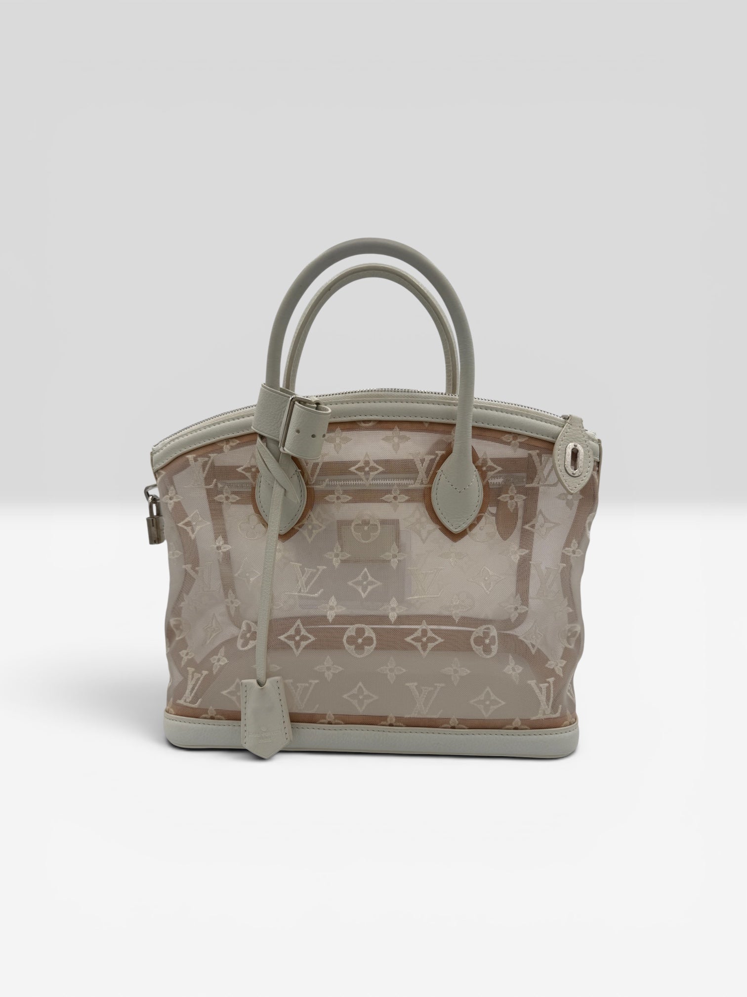 Louis Vuitton Lockit MM Monogram Mesh Tote White Cream Leather Bag w/ Lock & Keys