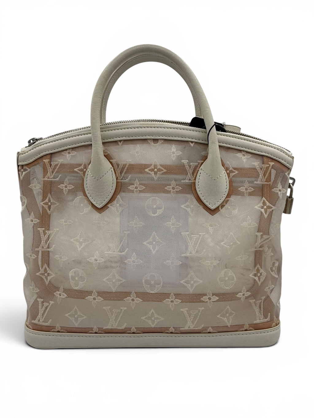 Louis Vuitton Lockit MM Monogram Mesh Tote White Cream Leather Bag w/ Lock & Keys