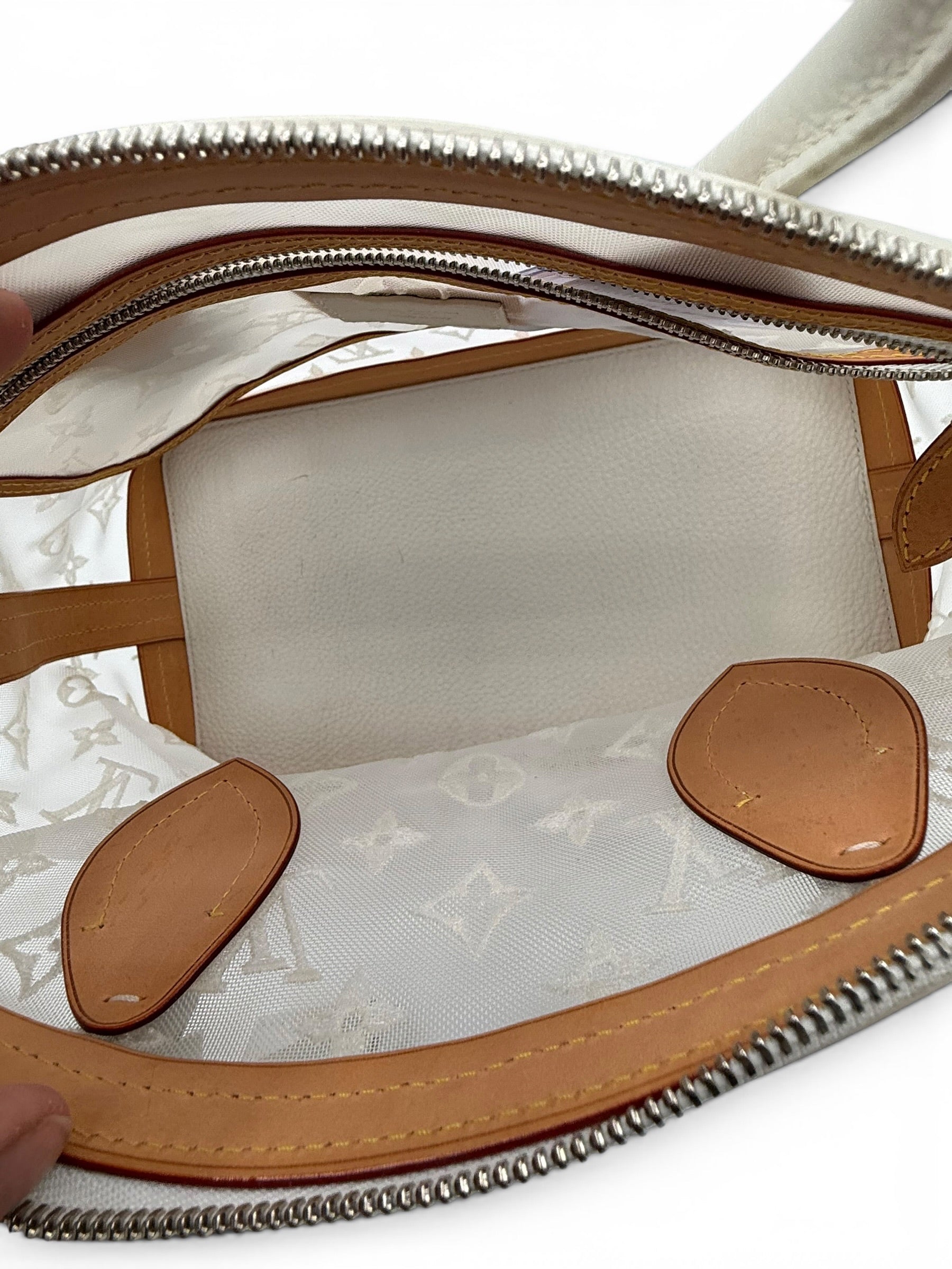 Louis Vuitton Lockit MM Monogram Mesh Tote White Cream Leather Bag w/ Lock & Keys