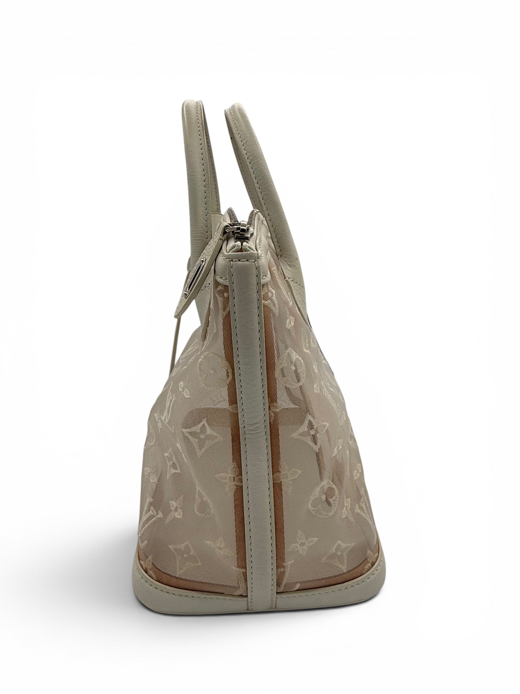 Louis Vuitton Lockit MM Monogram Mesh Tote White Cream Leather Bag w/ Lock & Keys