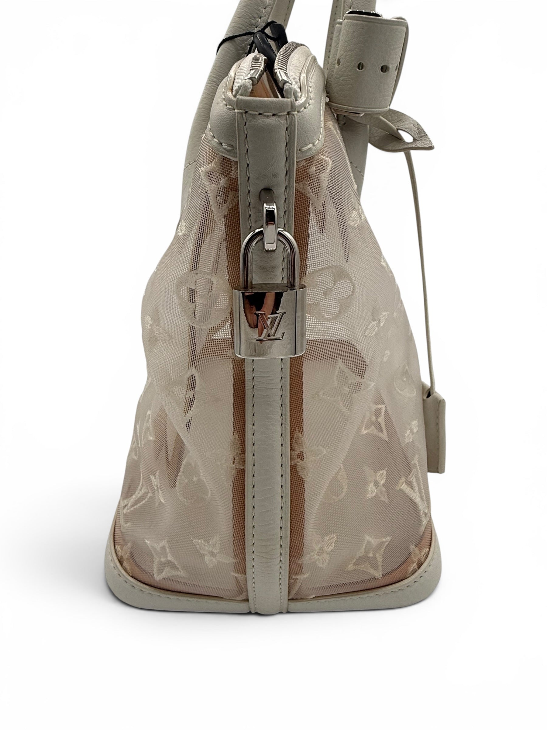 Louis Vuitton Lockit MM Monogram Mesh Tote White Cream Leather Bag w/ Lock & Keys