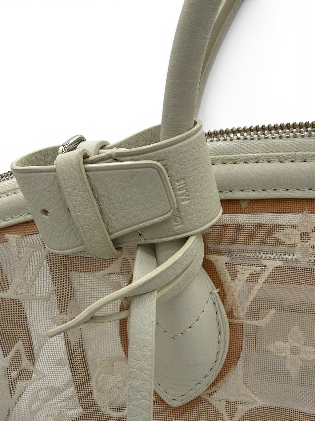 Louis Vuitton Lockit MM Monogram Mesh Tote White Cream Leather Bag w/ Lock & Keys