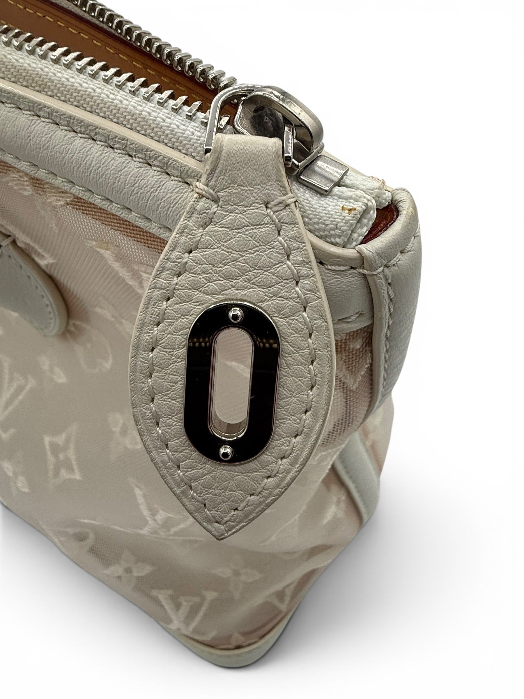 Louis Vuitton Lockit MM Monogram Mesh Tote White Cream Leather Bag w/ Lock & Keys