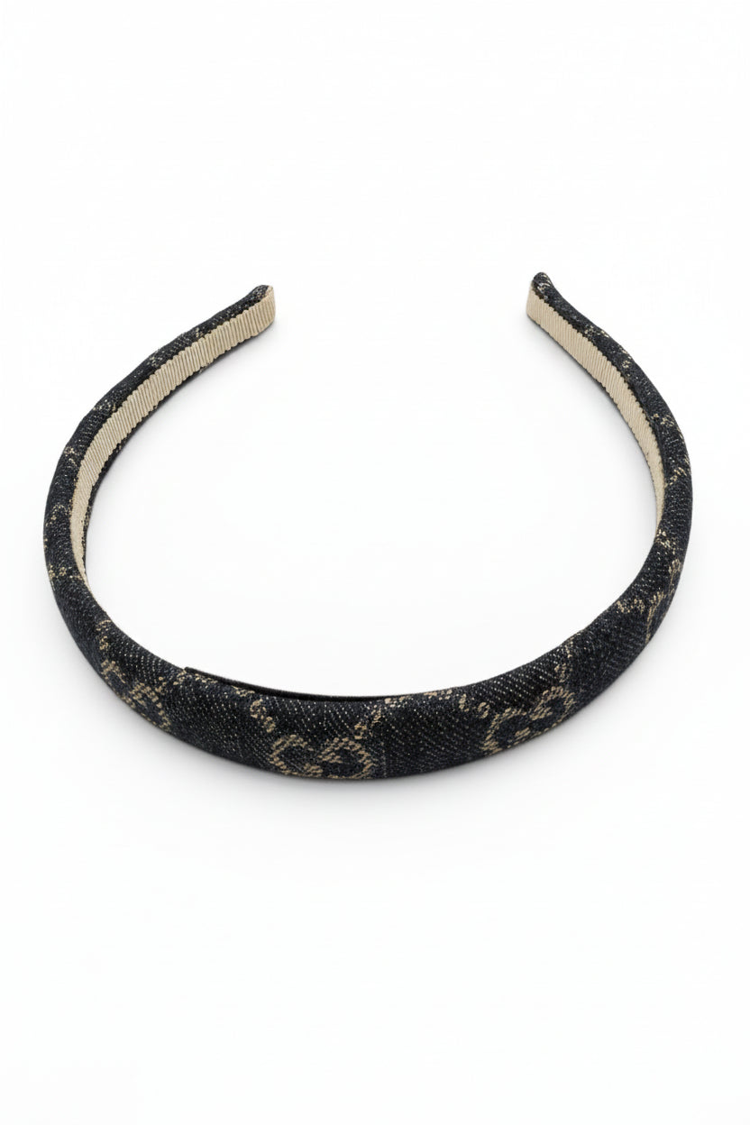 Gucci GG Monogram Denim Headband Blue Canvas Gold GG Logo Authentic