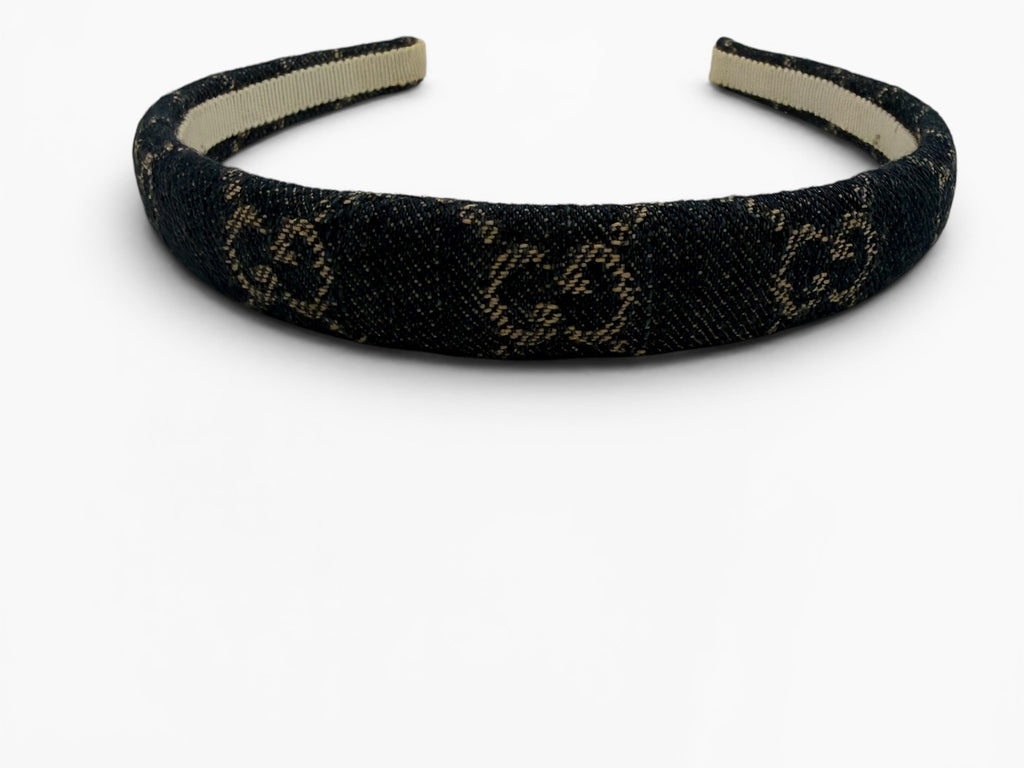 Gucci GG Monogram Denim Headband Blue Canvas Gold GG Logo Authentic