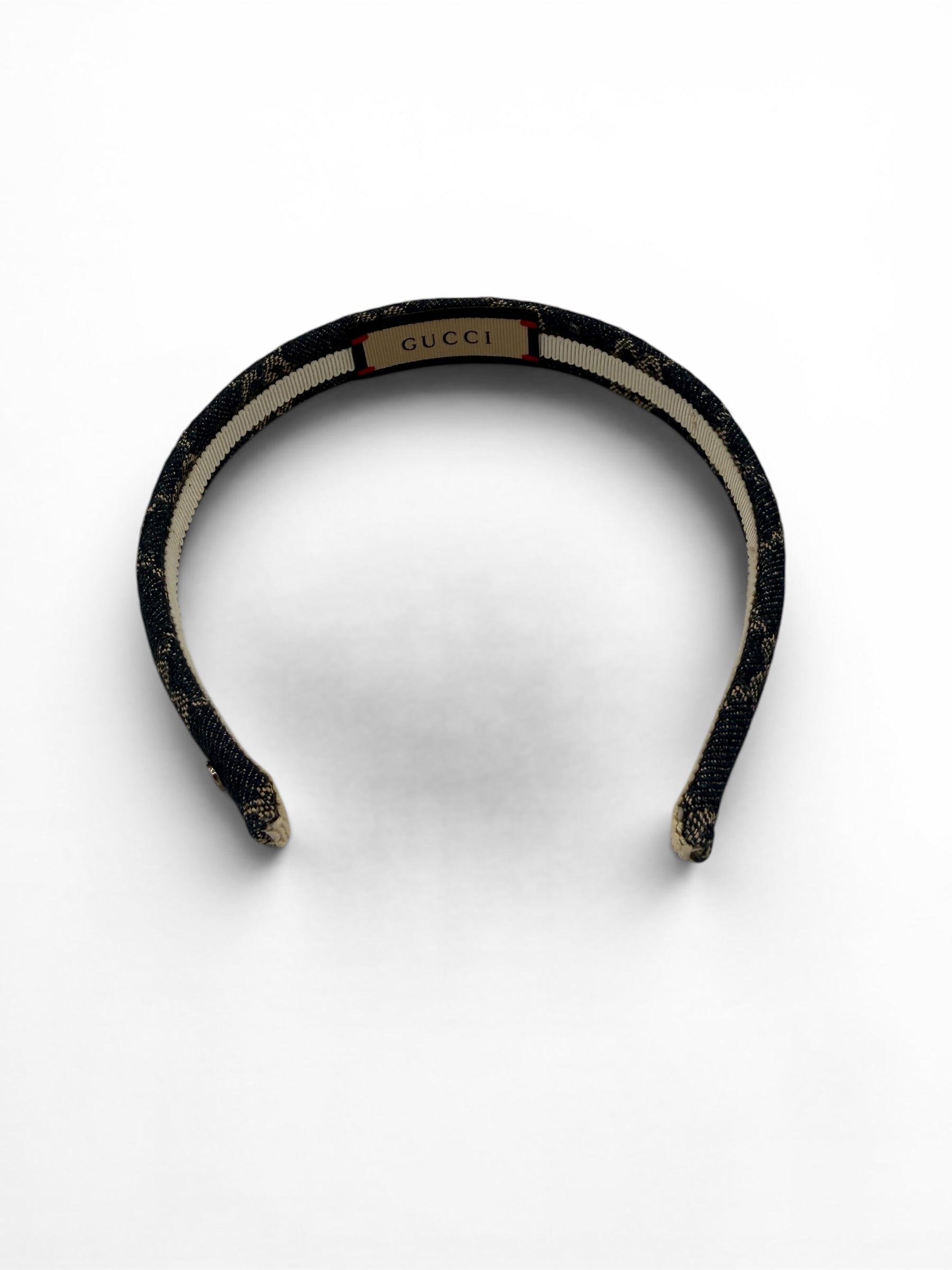 Gucci GG Monogram Denim Headband Blue Canvas Gold GG Logo Authentic