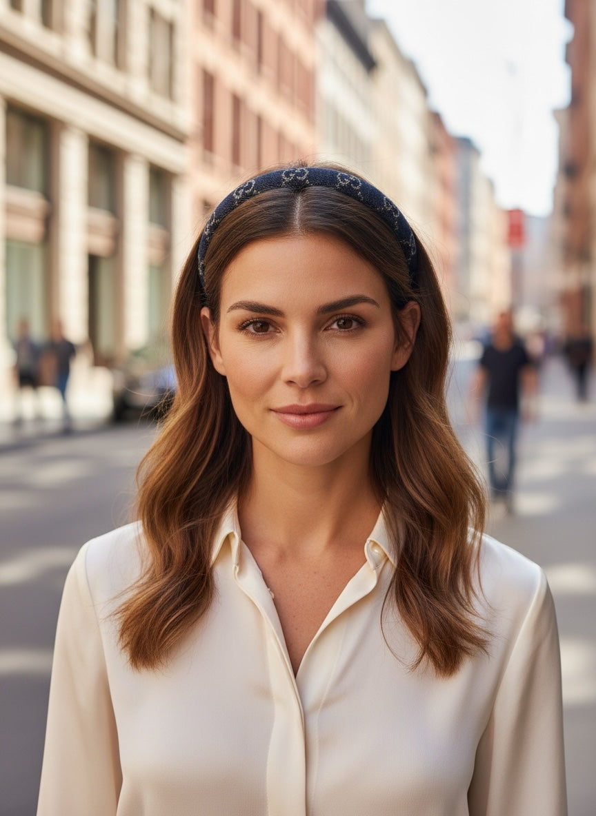 Gucci GG Monogram Denim Headband Blue Canvas Gold GG Logo Authentic
