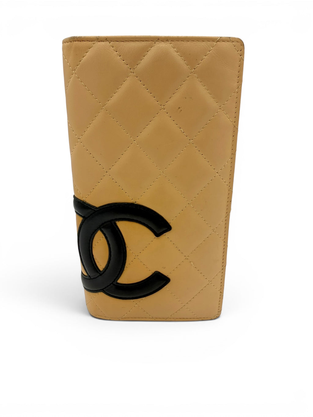 CHANEL Vintage Cambon Ligne Long Wallet Beige Quilted Lambskin Black CC