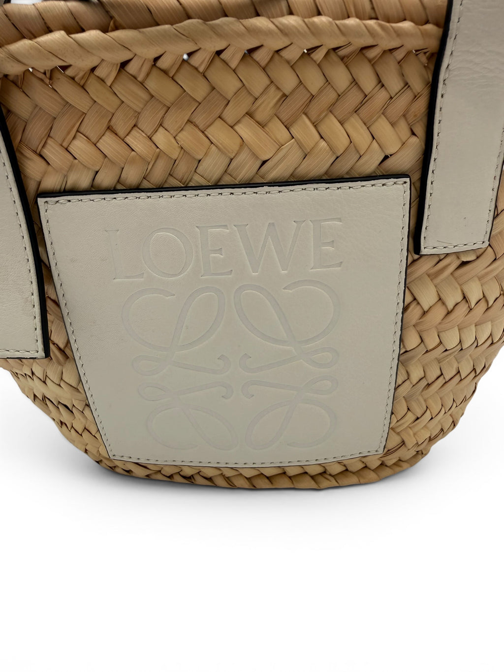 Loewe Paula's Ibiza Natural Palm Leaf Basket White Leather Anagram Tote